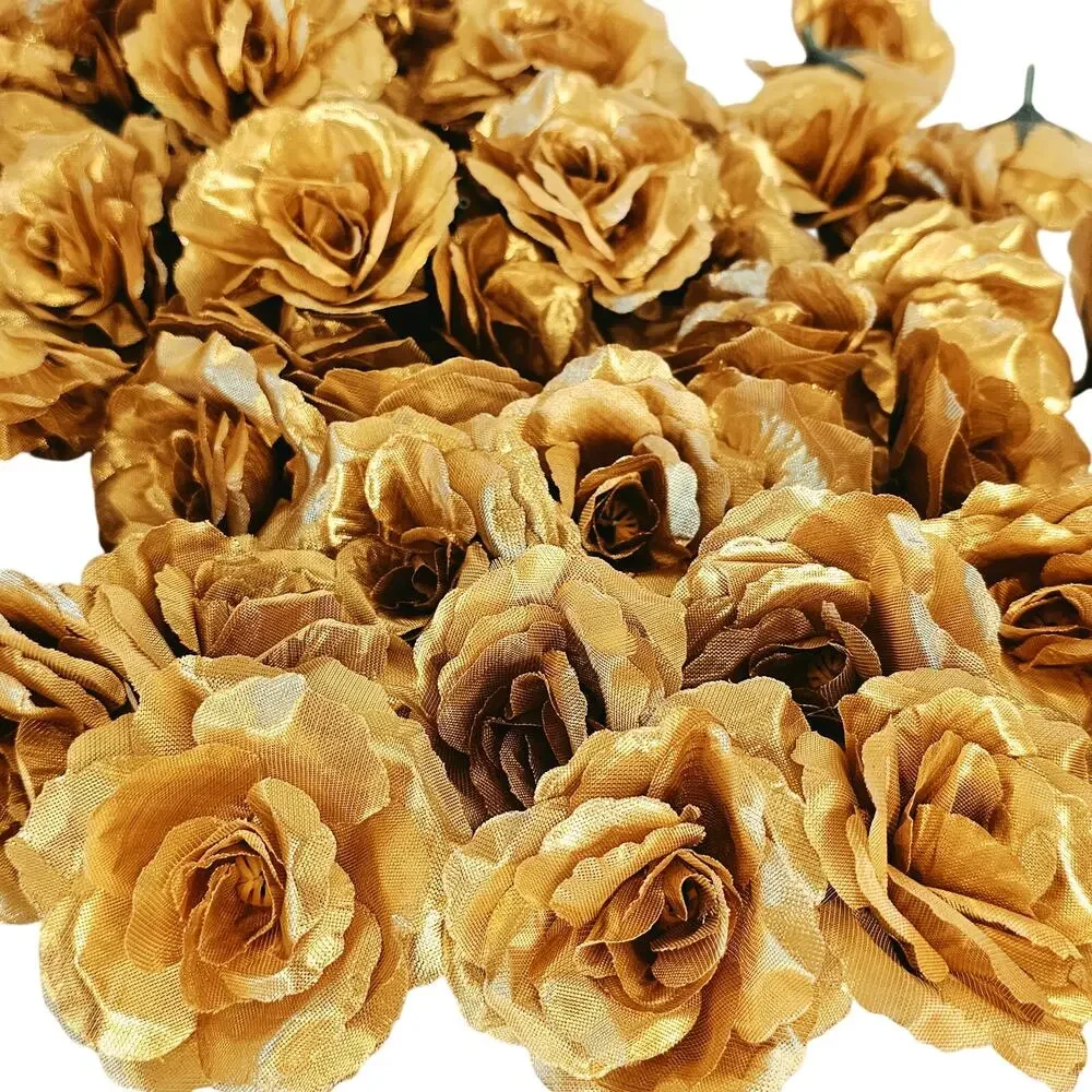 70 Gold Artificial Silk Rose Heads 3 Inch Wedding Craft Floral Decor Flowers DIY